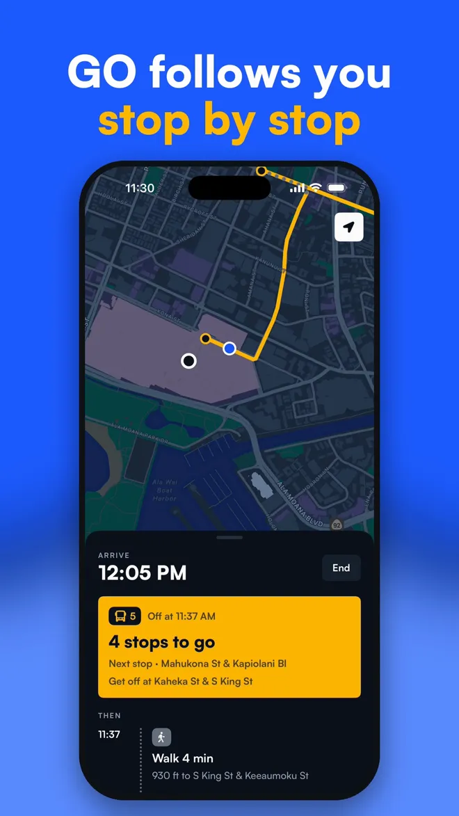 Bus Bike Walk GO mode on Bus 5 showing 4 stops to go, the next stop, and where to get off