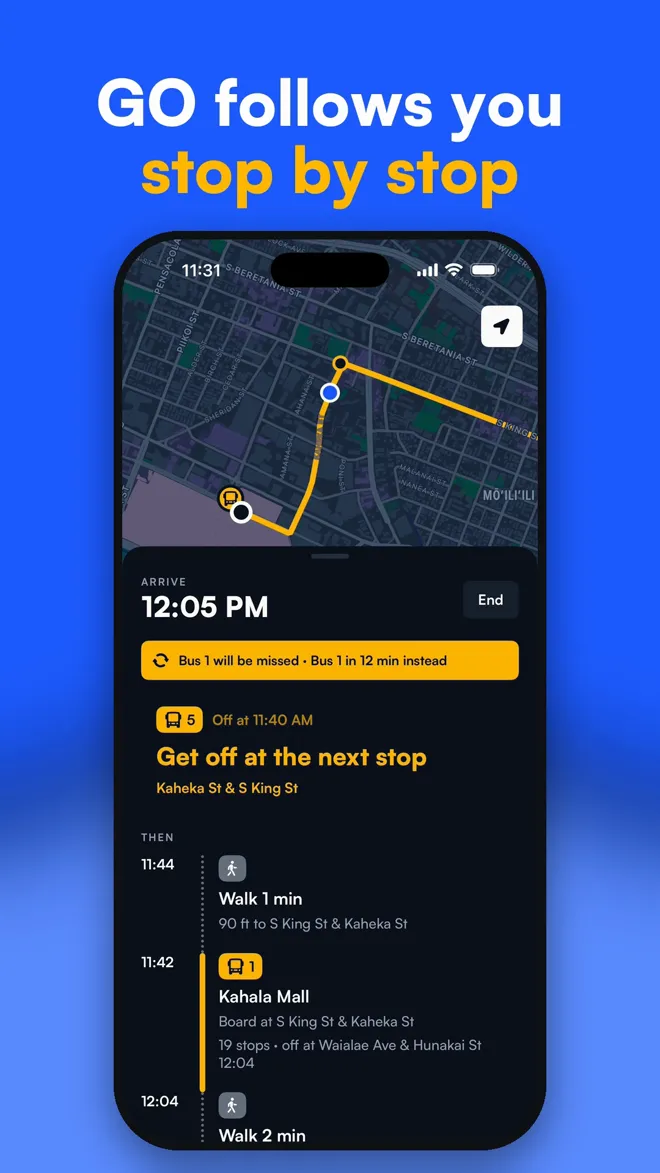 GO mode re-planning after a missed bus with a new bus in 12 minutes and a Get off at the next stop card