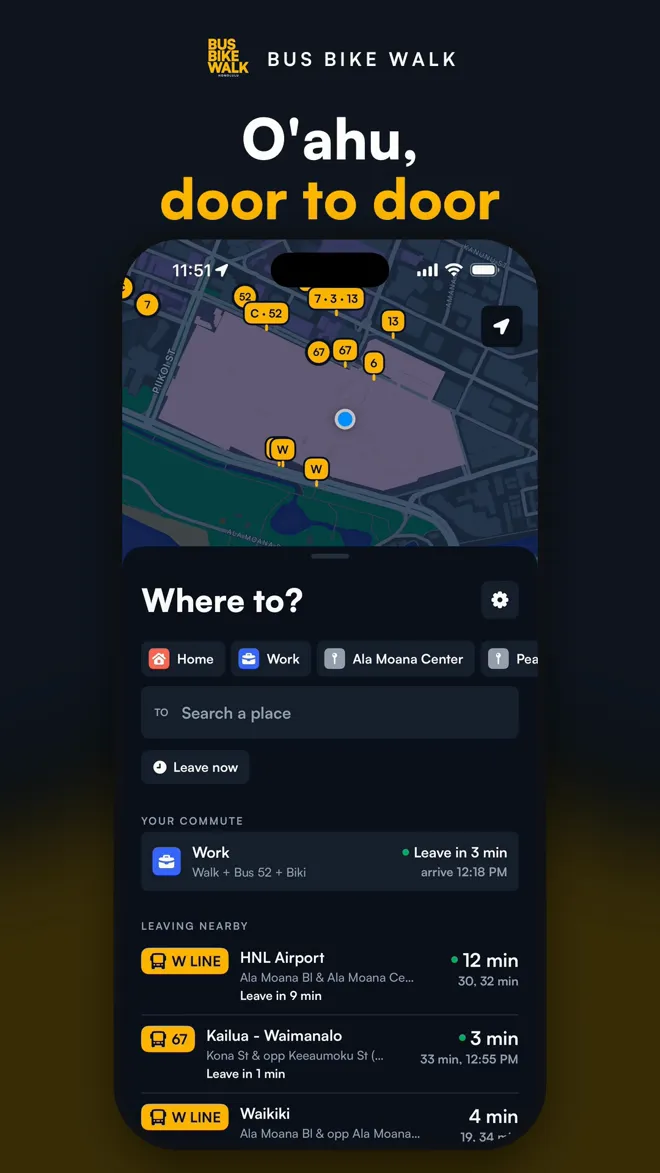 Bus Bike Walk home screen in Honolulu with nearby bus stops on the map, Your commute, and lines leaving nearby