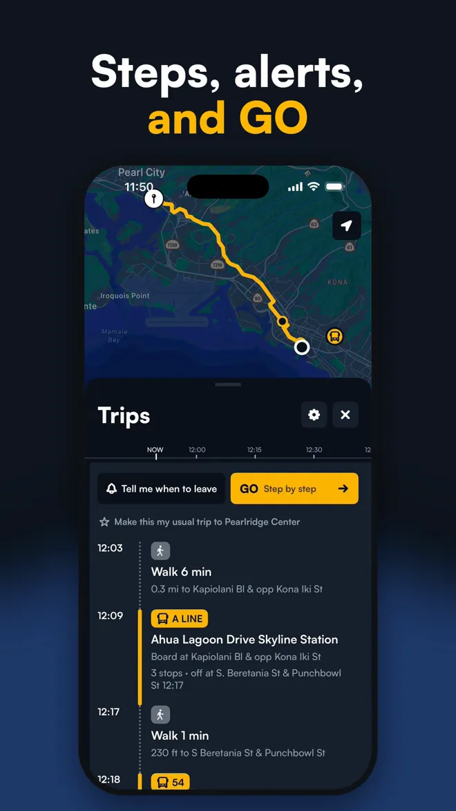 Expanded trip in Bus Bike Walk with walking, A Line and Skyline steps, the Tell me when to leave button and GO