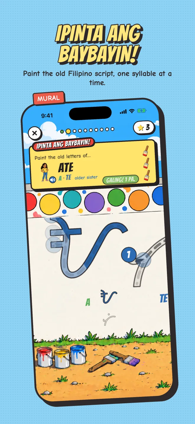 Baybayin Brush game: painting a Baybayin character on a mural wall