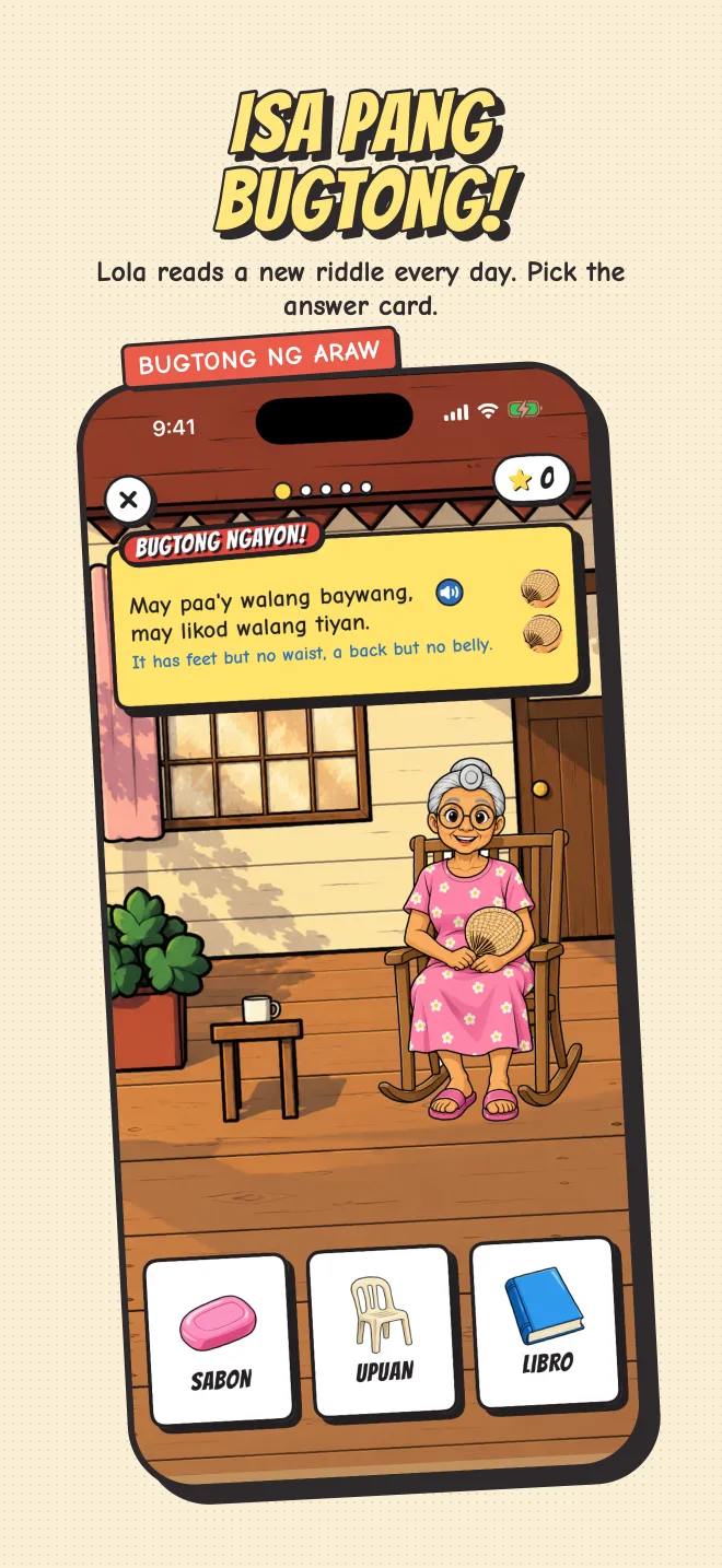 Bugtong of the Day: Lola reads a riddle on her porch with three picture answers