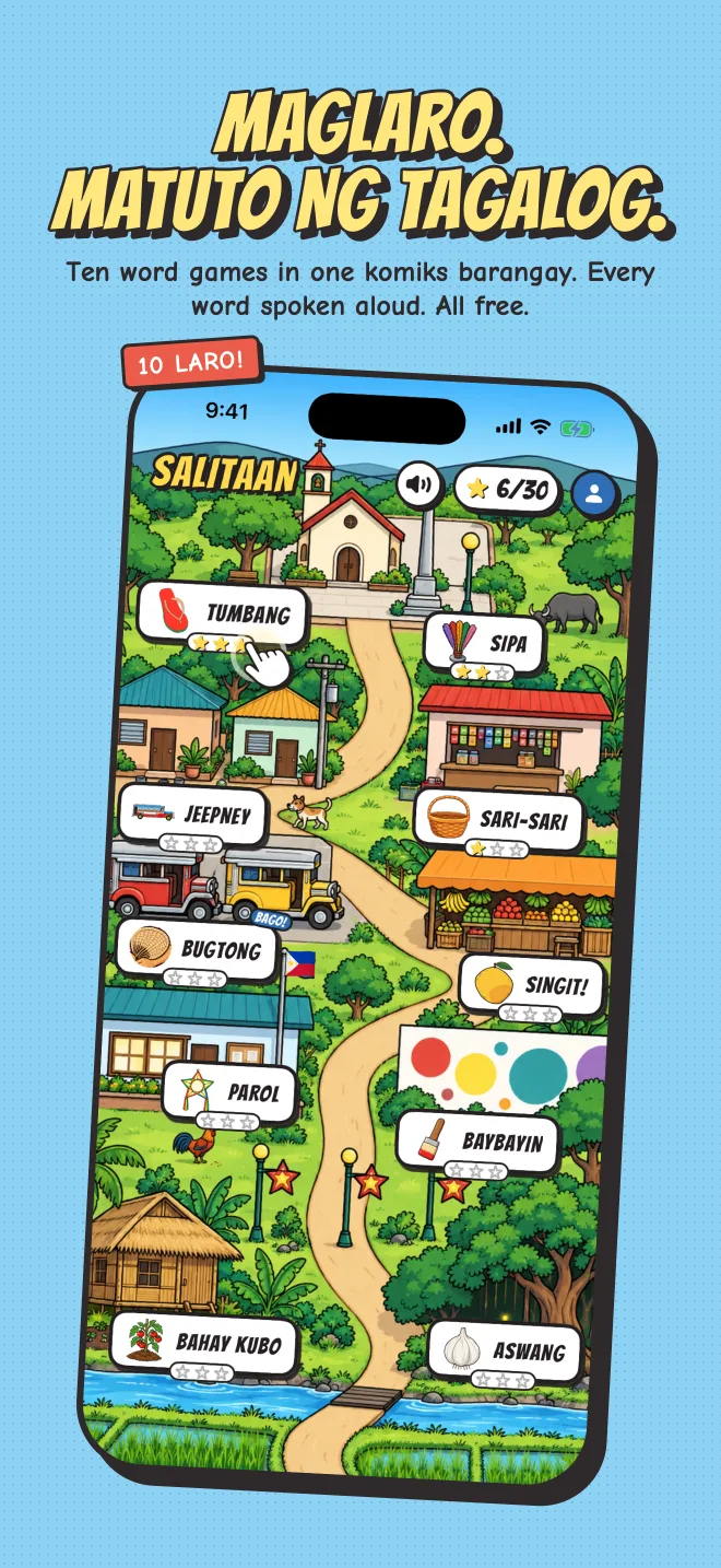 The Salitaan barangay map with ten game places along one road