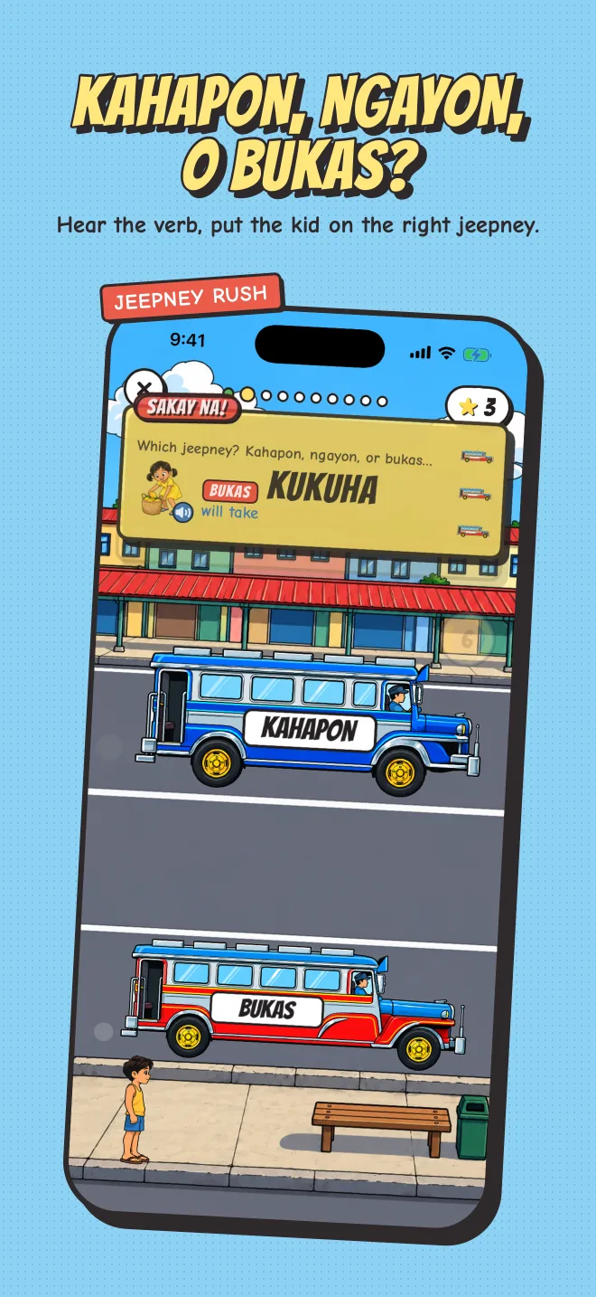 Jeepney Rush game: three jeepneys with KAHAPON, NGAYON and BUKAS signs