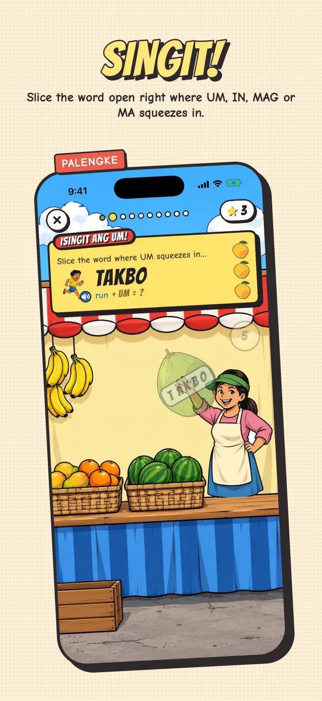 Singit! game: slicing a root word to insert an affix