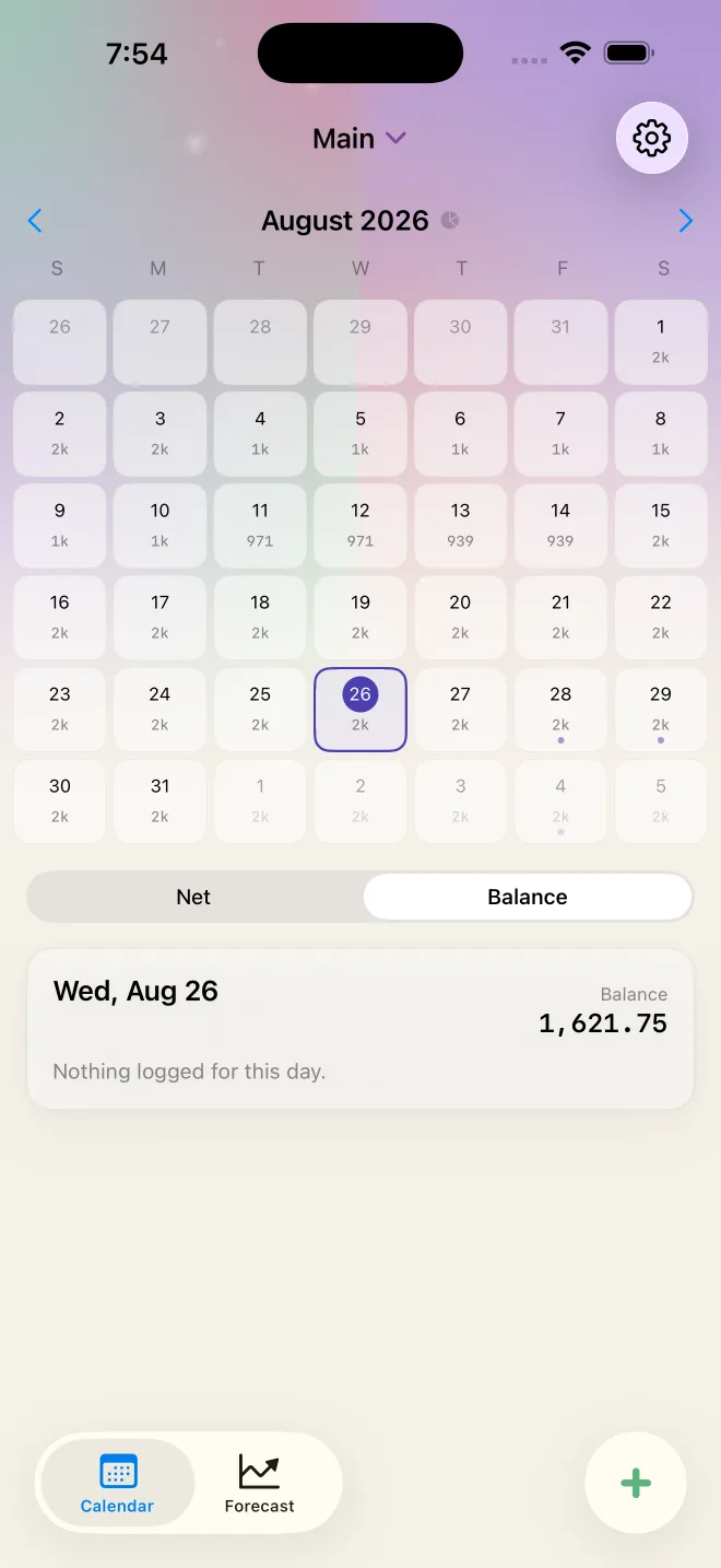 Tipid calendar showing a running balance on every day of August
