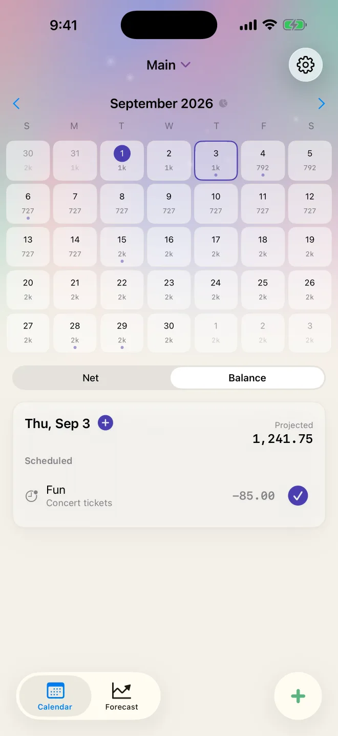 A scheduled concert ticket expense on September 3 with the projected balance after it